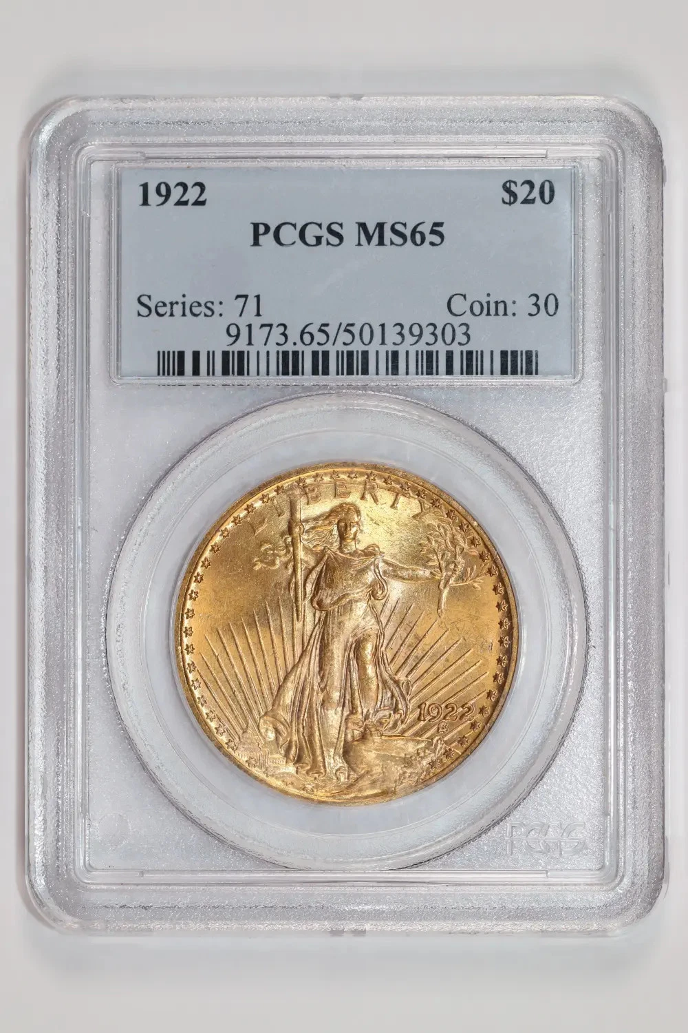 1922 $20 GOLD SAINT GAUDENS DOUBLE EALGE PCGS MS65