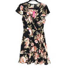 Xhilaration Women's Size Medium Ruffle Faux Wrap Dress Black Pink Floral NWT