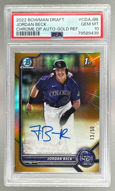 Jordan Beck 2022 Bowman Chrome Draft Gold Refractor Auto 1st RC 13/50 PSA 10