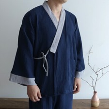 Men Japanese Cotton Pajama Long Pants Kimono Nightwear Bathrobe Loungewear