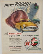 Original Texaco Ad: 1950s Packs PUNCH! Series, Yellow Vintage Car