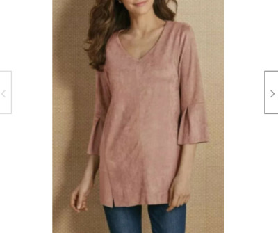 SOFT SURROUNDINGS Izzy Faux Suede Tunic Top 3/4 Sleeve V-Neck Pink PXS Petite
