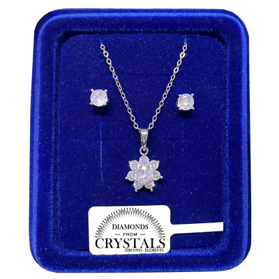 Halskette Blume Lichtpunkt + Ohrringe pl. 18k Weißgold mit Zirkonia Kristallen