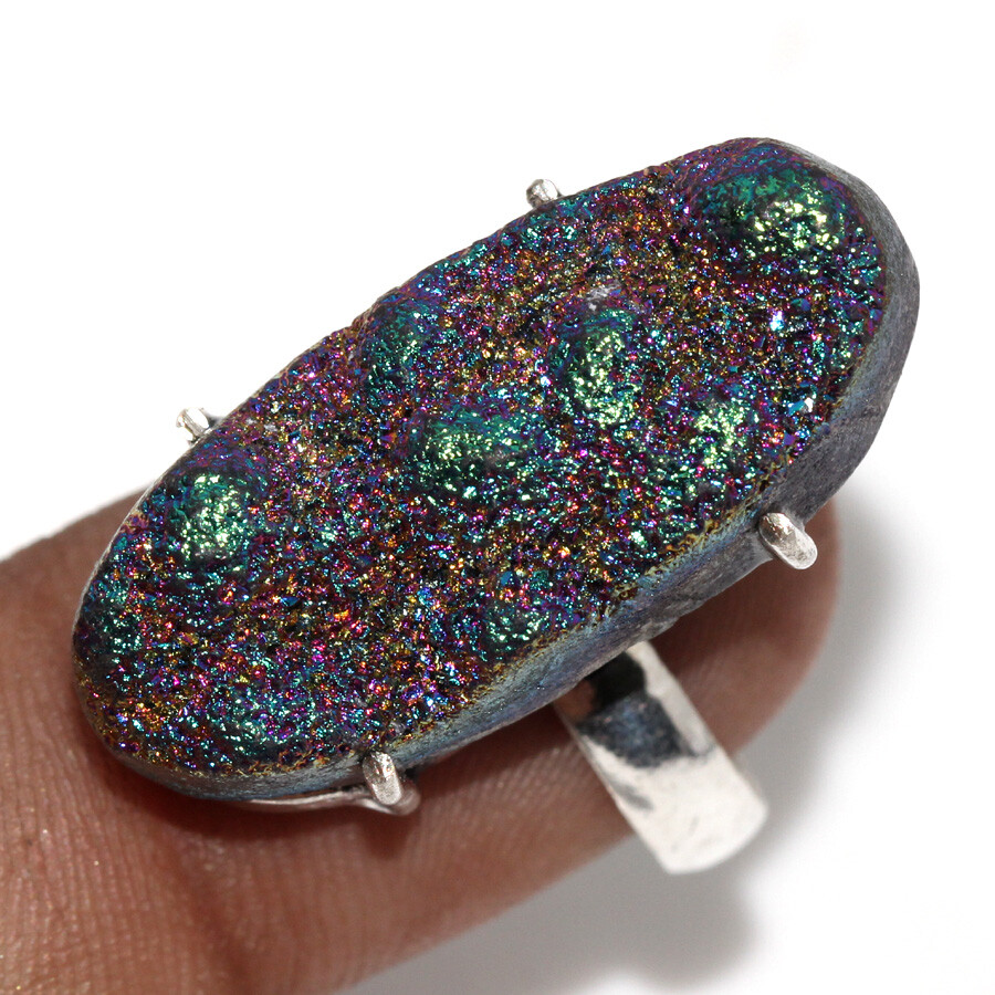 925 Silver Plated Titanium Druzy Ethnic Ring Handmade Jewelry Size US 7.5 JW