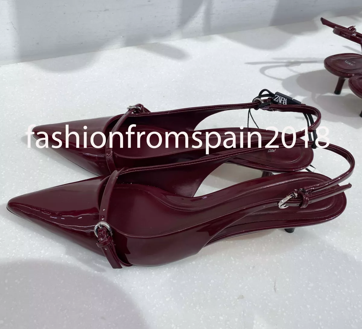 ZARA NEW WOMAN FAUX-PATENT FINISH SLINGBACK SHOES BURGUNDY RED 35