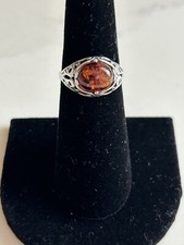 VINTAGE STERLING SILVER AND AMBER CABOCHON FILIGREE RING SIZE 5.5