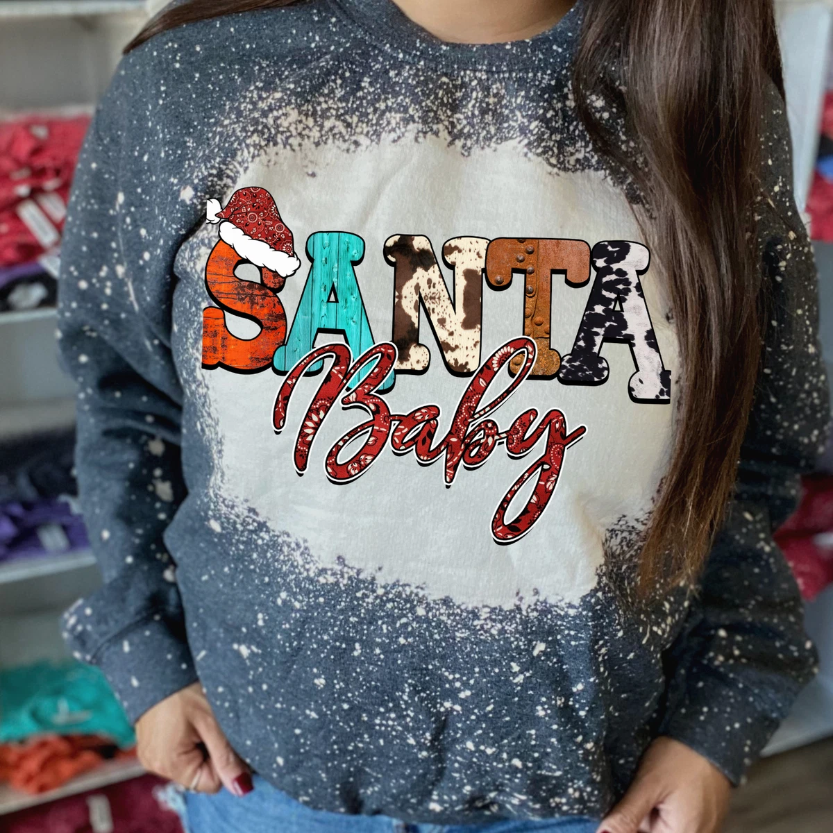 Bleached Sweatshirt Christmas Santa Baby Western Cow Bleached