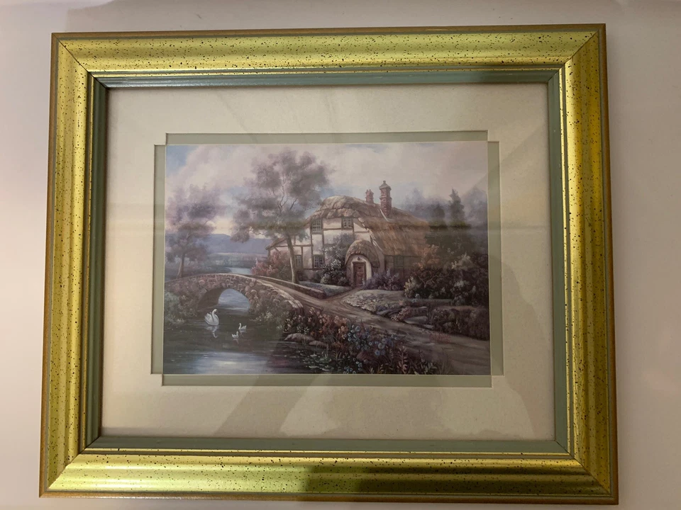 Carl Valente Print English Cottage Swans Double Matted Framed Signed 12 X 10 - Image 4 of 4