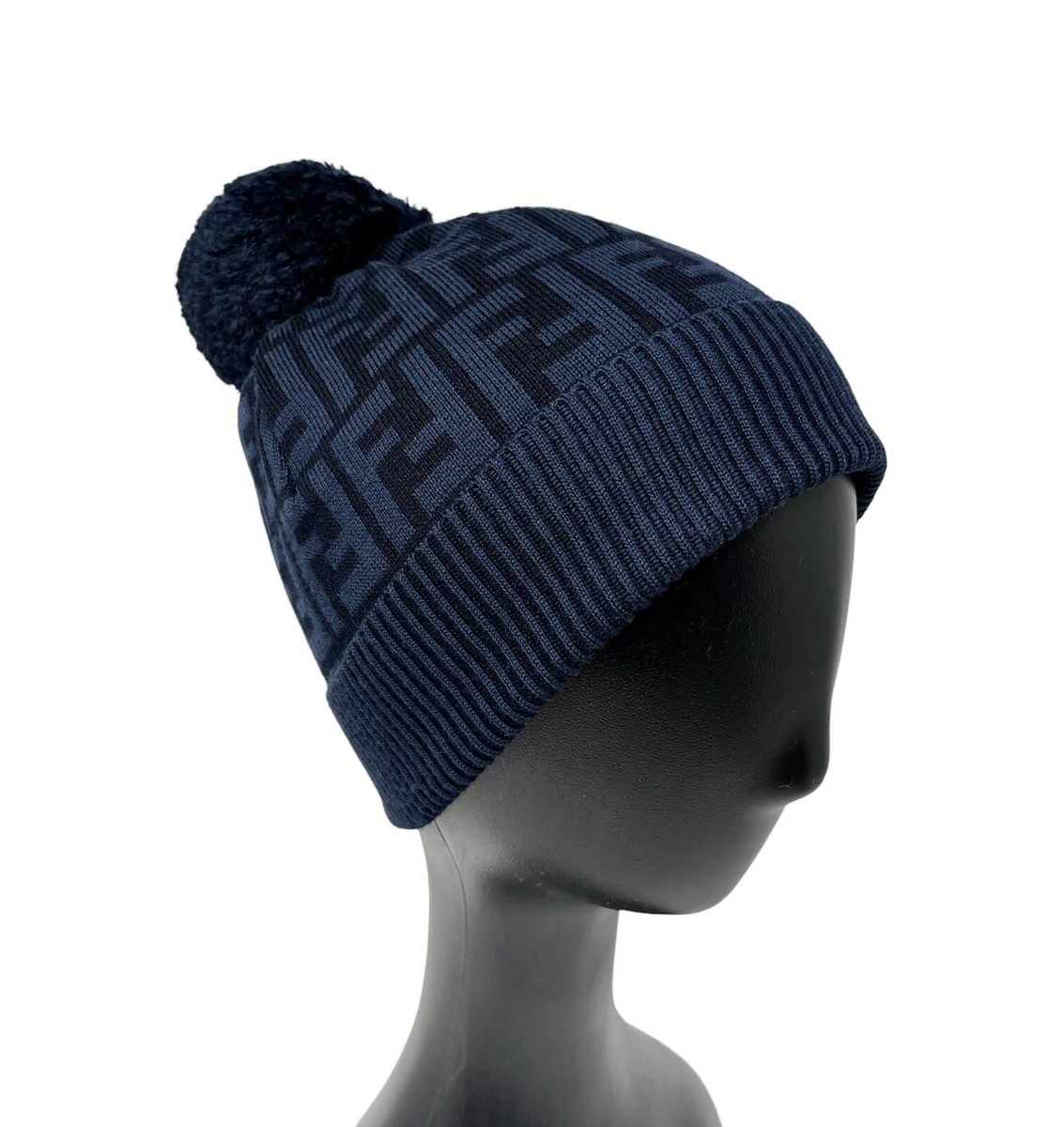 FENDI ビーニー FENDI Vintage Zucca Monogram Logo Beanie Hat Knit Dark Blue Black
