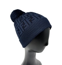 FENDI Vintage Zucca Monogram Logo Beanie Hat Knit Dark Blue Black Wool