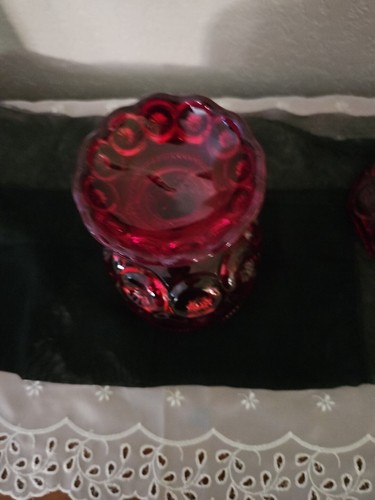 L G Wright Ruby Red Glass Moon & Stars Lidded Pedestal Candy Dish Vintage 8in - Picture 7 of 13