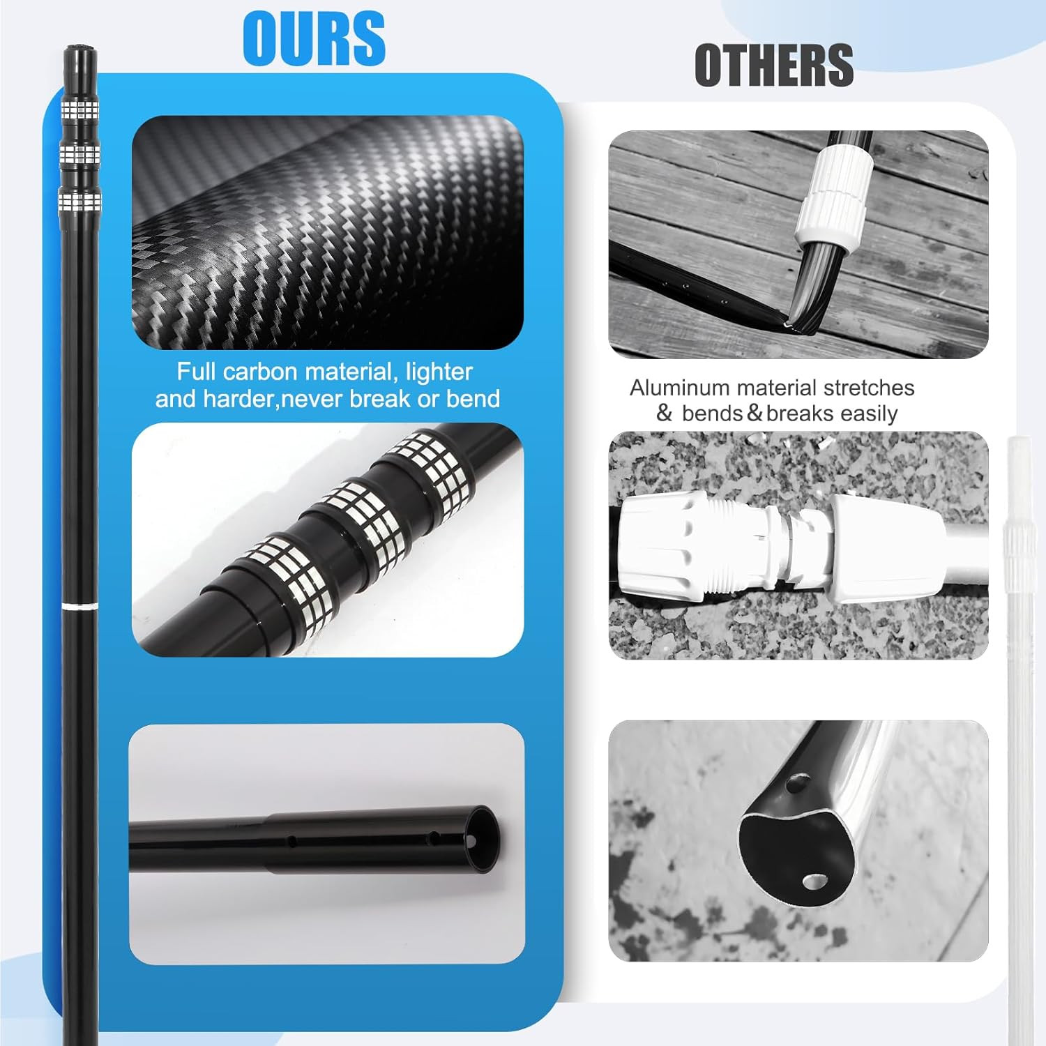 Carbon Fiber Pool Rod - Professional 4.5-15 Foot Telescopic 4-Piece Pool Cleanin