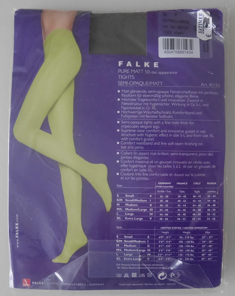 Nuevo y EMBALAJE ORIGINAL: ¡Mallas Falke Pure Matt 50 Den! Talla V / XL! Caqui (verde oscuro) Foto 3 de 3