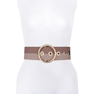 Michael Kors NWT Two Tone MK Logo Printed Belt Faux Leather Fawn Gold Small New