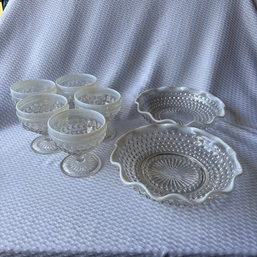 Moonstone Opalescent Hobnail  Dishes Cups Lot 7 Vintage