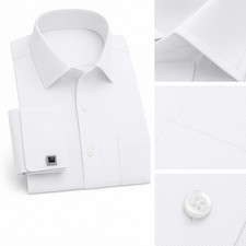Men's White Cufflink Cotton Shirt Cufflinks Double French Cuff Long Sleeve