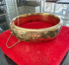 Vintage rolled gold thick hinged bangle 21g ornate engraved bracelet safety cha