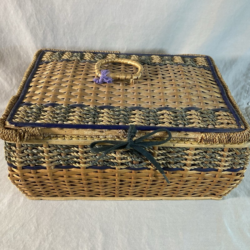 Vintage Wicker Woven Sewing Box Basket Green & Navy Blue  West Germany