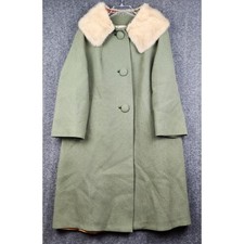 Loveman's Overcoat Women 38 Green Vintage Fur Collar Wool Longline Jacket