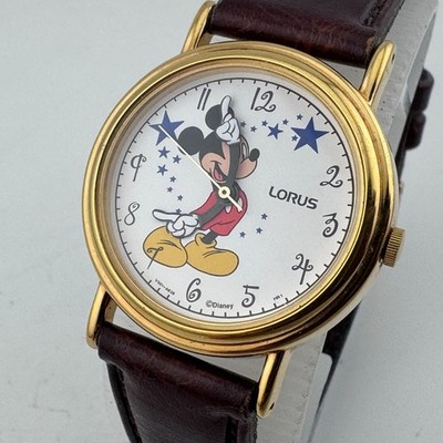 VTG Lorus Disney Mickey Quartz Watch V501-X038 Women Gold Tone Leather New Batte