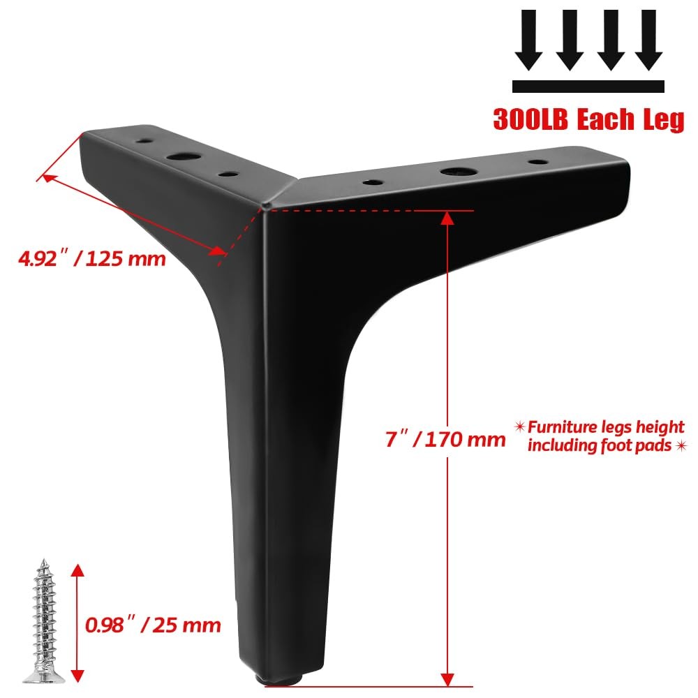 4pcs 7 Inch Furniture Legs, Modern Style Furniture Sofa Legs Metal Matte Black T