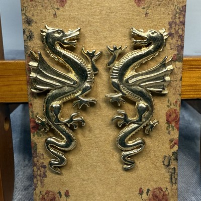 Flying Dragon Post Earrings For Pierced Ears, Goldtone 2  Unique Costume Jewelry