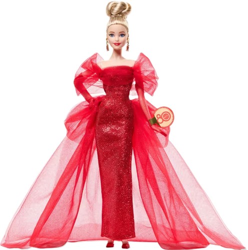 NEW Barbie Doll 80th Anniversary Edition Doll Blonde Red Dress Red Shoes 6+ Ages - Picture 2 of 5