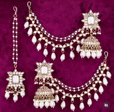 Indianer Set Pakistanische Ohrringe Tikka Bahubali Jhumka Earchain Ethno Schmuck
