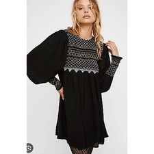 Free People Late Night Picnic Smocked Embroidered Long Sleeve Dress Sz S *Flaw*