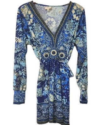 Bohemian Tunic Blue Floral Blouse Shirt MEDIUM Beaded Waist Long Cuff Sleeve