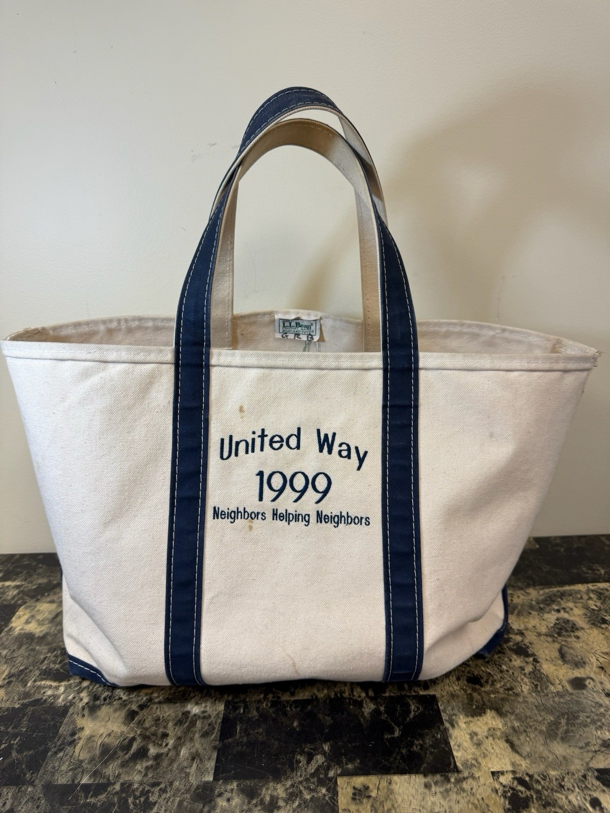 Vintage LL Bean Large Navy & Cream Canvas Boat Tote Neighbors Helping Neighbors