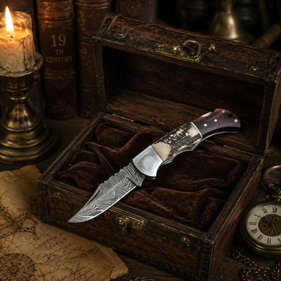 Hand Forged Damascus Steel Folding Blade Pocket Knife Outdoor Adventure Stage