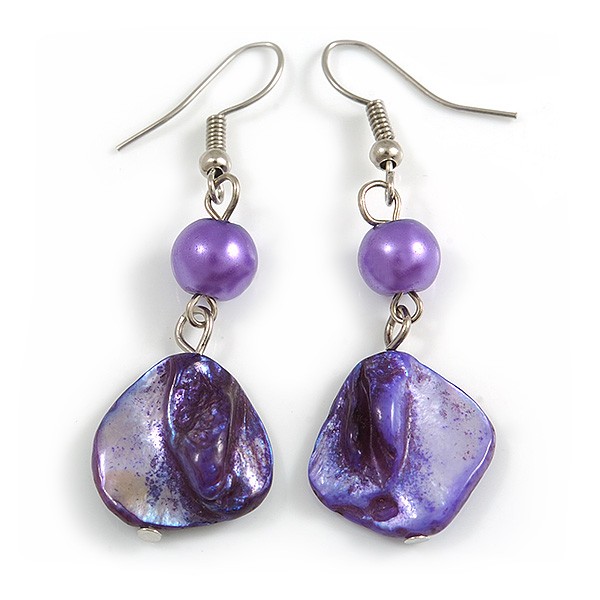 Purple Shell Bead Drop Earrings (Silver Tone)