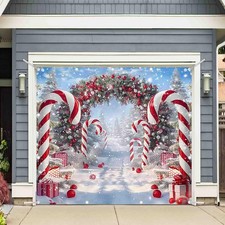 1PC 8x7ft Christmas Cane Candy Garage Door Banner Decorations Winter Snow Sce...