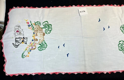 Vintage White Cotton Dog/Cat Embroidered Table Runner/Dresser Scarf 16x36
