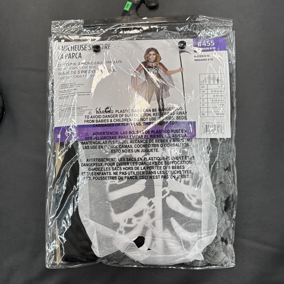 Disfraz de Halloween Grim Reaper Girl Scary Ghoul Skeleton 3 piezas niñas mediano 8-10 Foto 3 de 4