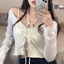 White Knitted Cardigan Women Summer Thin Sunscreen Lace-Up Knitwear Tops Female