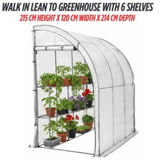 Walk-In Lean to Wall Greenhouse 2 Tier Door 214Lx 120W x 215Hcm White