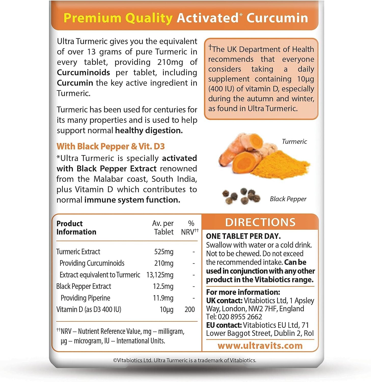 Vitabiotics Ultra Turmeric Tablets 60 Tablets With Black Pepper & Vit