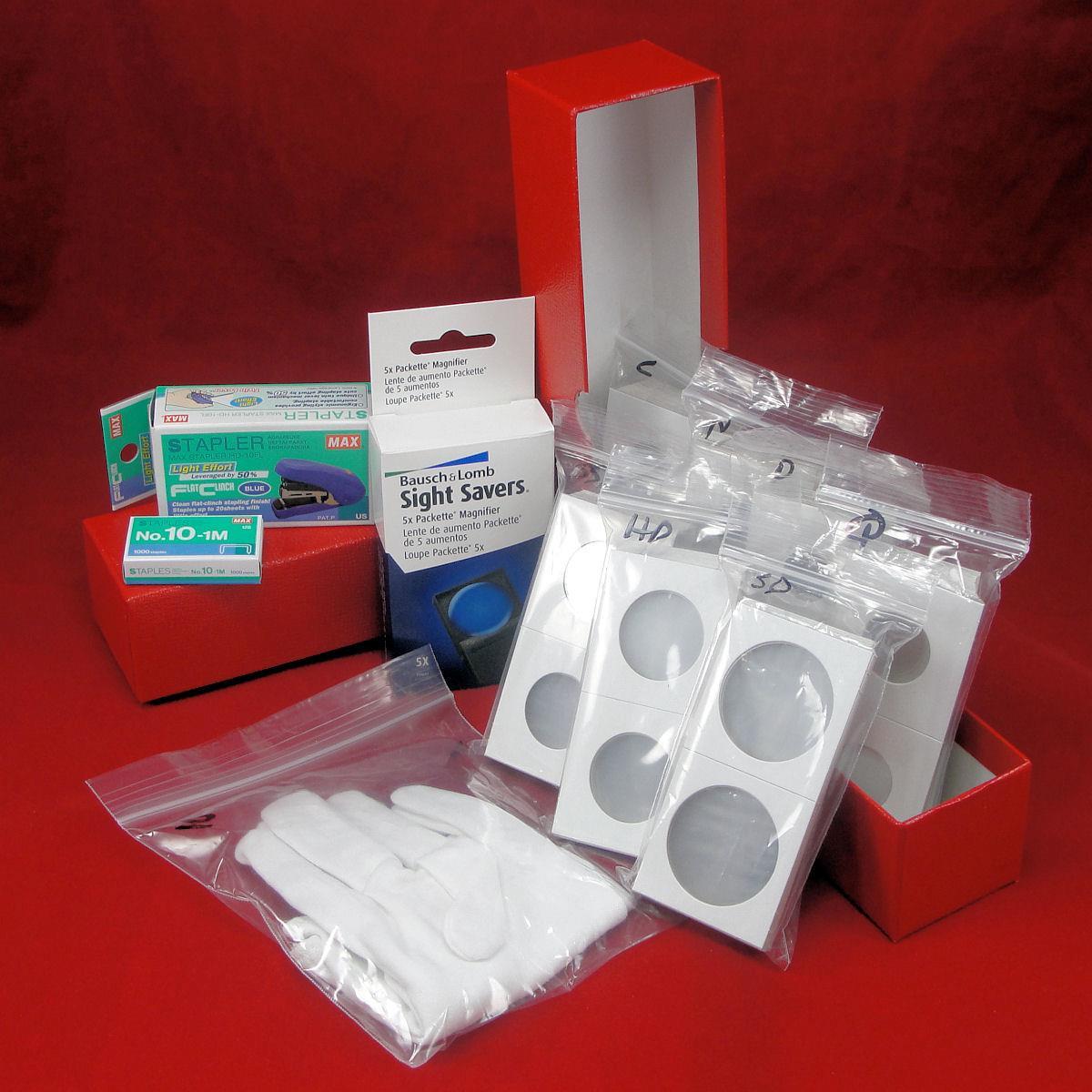 Coin Collecting Starter Kit for US Coins w/CB2x2,Gloves,Mag.,Stapler