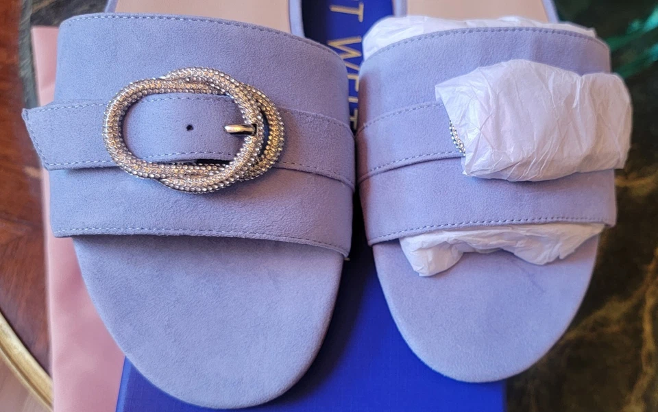 $395 NIB Stuart Weitzman Blue Suede Crystal Buckle Slide Flat Sandals SZ 9 - Image 4 of 4