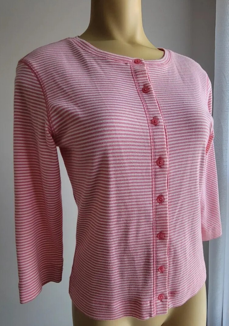 Talbots Petite Breton Striped Button Front Cardigan in Pink & White-image