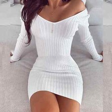 Hot Long Sleeve Bodycon Dress for Women White Knitted Sweater Woman Dresses Robe