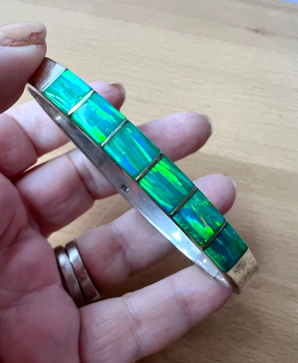 VINTAGE MEXICAN 925 STERLING SILVER BANGLE BRACELET OPAL INLAY