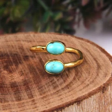 Double Turquoise Stone Band Ring 18k Gold Plated Adjustable Women Rings