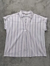 Studio West Women's Blouse Medium Casual Cotton White & Blue Popover Top Career