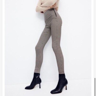 ZARA Women's Plaid Hi-Rise Stretch Leggings Size XS Beige