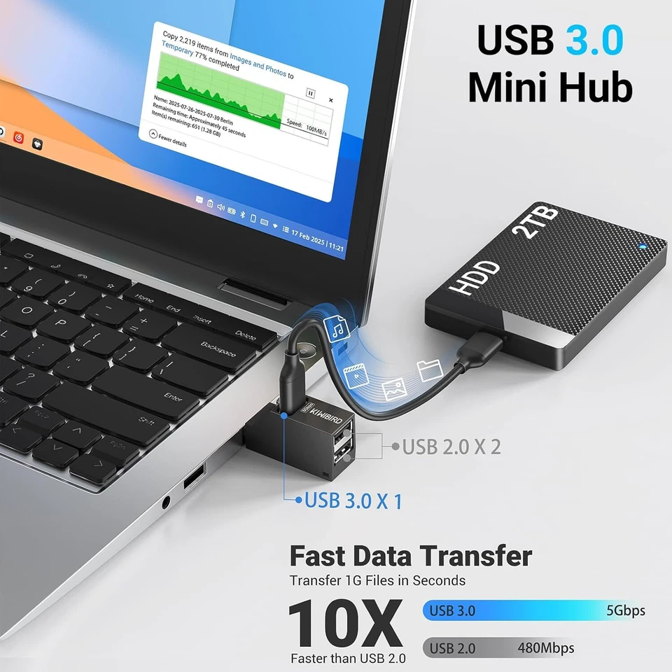 KiWiBiRD Mini USB Hub ( 1x USB 3.0, 2x USB 2.0 ), USB Splitter Extension Adapter - Image 4 of 4