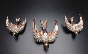 Authentic (3) Signed Coro-Craft Sterling Gold Plated Birds Fur Clips Rhinestone