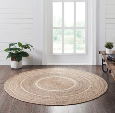 Round Rug Jute Farmhouse Design Natural Floor Rug Beige White Handmade Carpet